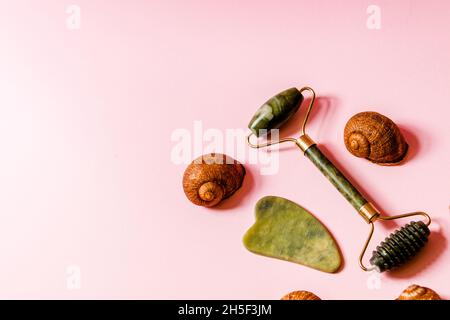 Weicher rosafarbener Hintergrund mit Muschelschalen und Jade-Gesichtsmassagern. Stockfoto