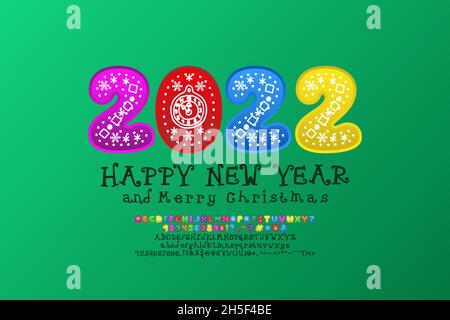 Dekorative Grußkarte Frohes Neues Jahr und Frohe Weihnachten. Helle Zahlen und lustige Buchstaben lockig Stil. Holiday Alphabets-Kollektionen. Stock Vektor