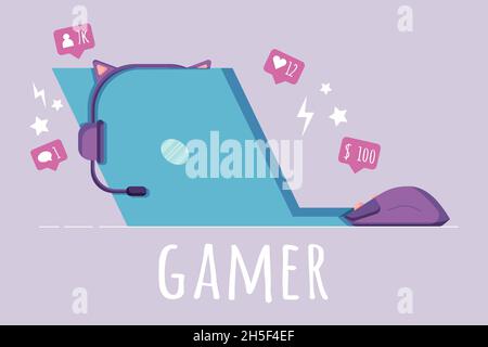 Abbildung des Gamer-Workplace-Konzepts, Laptop, Kopfhörer, Mausklicker in flachem Stil, isoliert auf einem violetten Hintergrund. Stock Vektor