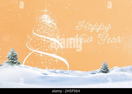 3d-Rendering einer Weihnachtskarte mit einem Baum und Wünschen auf dem Schnee auf einem orangen Hintergrund Stockfoto