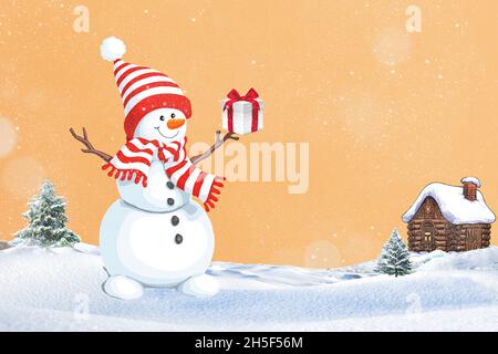 3d-Rendering eines Weihnachtspostkartenkonzepts mit Schneemann und Hütte auf orangefarbenem Hintergrund Stockfoto