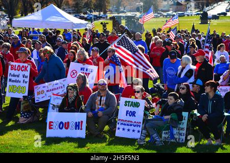 Bismarck, ND . 8. November 2021. Hunderte von Menschen versammelten sich in Capitol, um gegen Mandate für 19 Masken und Impfstoffe und Präsident Joe Biden zu protestieren. Stockfoto