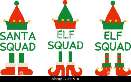 Weihnachtsmann-Team im Weihnachtsdesign. Cartoon Elf Kader isoliert Illustrationen. Elfhut und Elfschuhe. Weihnachtsmonogramm Stock Vektor