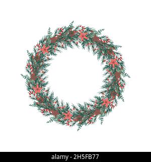 Weihnachten und Happy New Year Illustration mit Weihnachtskranz. Grüne Fichtenzweige, Weihnachtssterne und rote Beeren. Vektorgrafik. Stock Vektor