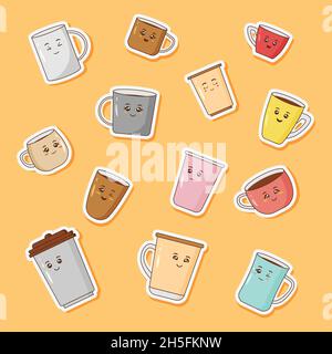 Set von niedlichen Kaffeetassen Sticker Stock Vektor