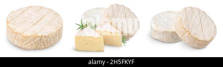 Camembert Käse isoliert auf weißem Hintergrund mit Schnittpfad und voller Schärfentiefe, Set oder Sammlung Stockfoto
