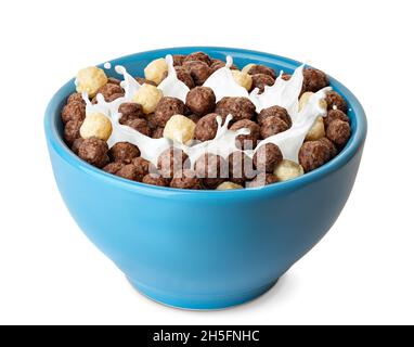 Frühstückszerealien mit abgetrennter Milch auf Weiß Stockfoto