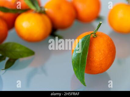 mandarine-Früchte mit Blättern, die auf reflektierender Oberfläche liegen. Selektiver Fokus auf Vordergrundfrucht Stockfoto