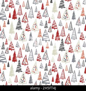 Einfache minimalistische weihnachtsbäume auf weißem nahtlosem Muster. Skizze Zeichnung bunte Tanne für Textil, Geschenkpapier, Neujahr und Weihnachtskarten, wa Stock Vektor