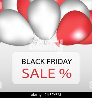 Rote und hellgraue Farbverlauf verschwommene Ballons auf grauem Farbverlauf Hintergrund oben. Black friday Sales Text und Social Poster Konzept. Stockfoto