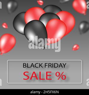 Rot und Schwarz verwischte Ballons auf grauem Hintergrund oben. Black friday Verkaufstext in weißem Rahmen und Social Poster Konzept. Stockfoto