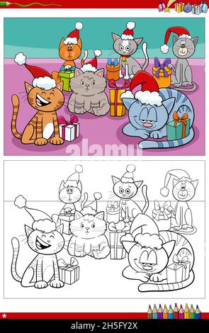 Cartoon Illustration von Katzen Zeichen mit Geschenken auf Weihnachten Malbuch Seite Stock Vektor