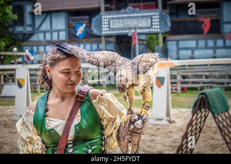 05 08 2021 Muskogee USA Pretty Bird Trainer sieht stolz dem Falken zu, der mit seinem Flügel auf ihrem Kopf balanciert, während er mit der Übung auf ihrer Hand landet Stockfoto