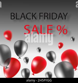 Rot und Schwarz Verlauf verschwommene Ballons verschiedene Größen auf grauem Hintergrund auf der Unterseite. Black friday Sales Text und Social Poster Konzept Stockfoto