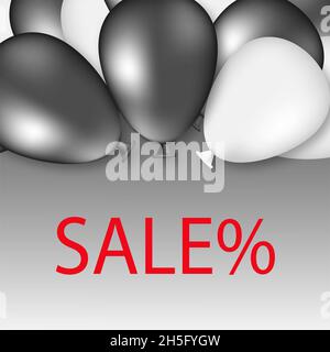 Graue und hellgraue Farbverlauf verschwommene Ballons auf grauem Farbverlauf Hintergrund oben. Black friday Sales Text und Social Poster Konzept. Stockfoto