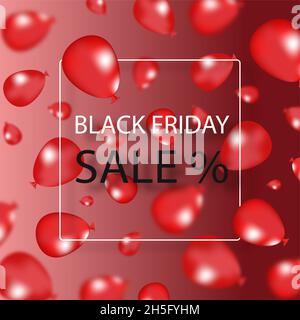 Rote Farbverlauf verschwommene Ballons auf grauem roten Korallen Farbverlauf Hintergrund. Black friday Verkaufstext in weißem Rahmen und Social Poster Konzept. Stockfoto