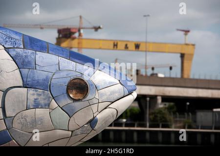 Lachs of Knowledge Big Fish Donegall Quay in Belfast mit Harland Wolff Kran Stockfoto