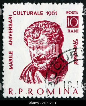 RUMÄNIEN - UM 1961: Eine in Rumänien gedruckte Briefmarke zeigt Heraklit von Ephesus, war ein präsokratischer ionischer griechischer Philosoph, um 1961 Stockfoto