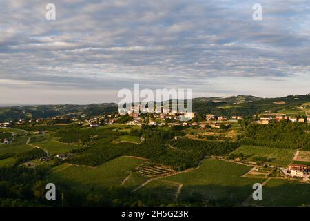 Blick auf das Dorf Rodello auf den Hügeln der Langhe, UNESCO-Weltkulturerbe, im Sommer bei Sonnenuntergang, Cuneo, Piemont, Italien Stockfoto