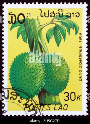 LAOS - UM 1989: Eine in Laos gedruckte Briefmarke zeigt Durian (durio zibethinus), von diesem Baum hergestellte essbare Früchte, um 1989 Stockfoto