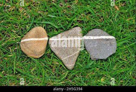 Kieselsteine mit einer weißen Linie liegen in einer Reihe auf Gras geschmückt, so dass die Linie durchgehend ist Stockfoto