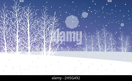 Verschneite Winternachtbäume und flaches Land, Winterlandschaft Illustration Stock Vektor