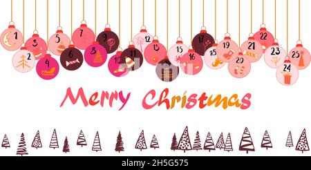 Adventskalender Weihnachten. Niedliche bunte Weihnachtskugeln auf weißem Hintergrund. Winter-Fest-Symbol ideal für Weihnachts-Poster, Kopfzeilen, Saison Stock Vektor