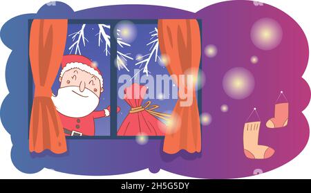 Der Weihnachtsmann und eine Tüte Geschenke vor dem Fenster Stock Vektor
