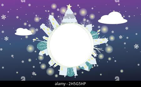 Nachthimmel, runder Rahmen aus Weihnachtsbaum, Haus und Bäumen Stock Vektor