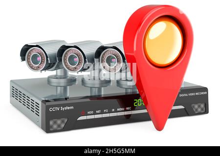 Kartenzeiger mit System-Digital-Videorekorder CCTV. 3D-Rendering auf weißem Hintergrund isoliert Stockfoto