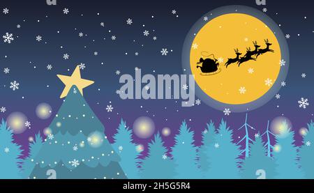 Rudolph und Santa Claus Schlitten fliegen über die Bäume und Weihnachtsbaum auf einem grünen Hintergrund Stock Vektor