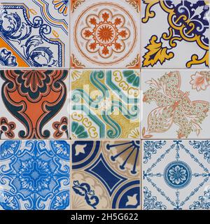 Neue glasierte Keramikfliesen, farbenfrohe Azulejos, an der Gebäudewand in der Straße von Sintra. Traditionelle, prunkvolle portugiesische Architektur. Abstrakter Hintergrund Stockfoto