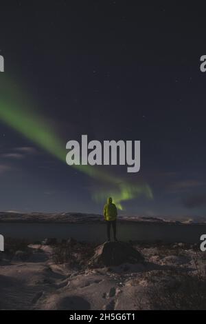 Borealis aurora fegt bei einer wolkenlosen Nacht über einen großen See in Kilpisjarvi, Lappland, Finnland. aurora polaris tanzt in Grün über den Himmel. Scandin Stockfoto