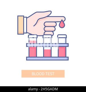 Bluttest - modernes Liniendesign-Symbol auf weißem Hintergrund. Detailreiches Bild der Plasmaanalyse. Stachelfinger, mehrere Reagenzgläser. Labor Stock Vektor