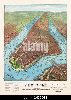 Blick aus der Vogelperspektive auf New York. Williams, J. W., 1879. Root Und Tinker. Digital bereinigt und verbessert. Stockfoto