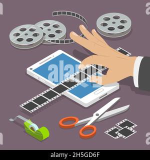 Mobile Video Editor flache Vektor isometrisches Konzept. Stock Vektor