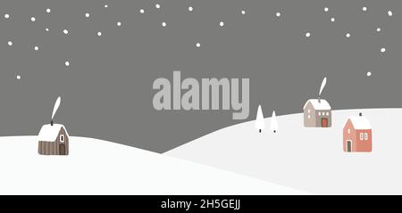 Winterlandschaft. Hügel mit niedlichen Häusern, rauchenden Kaminen. Weiße Bäume und Hügel. Fallender Schnee, dunkler Nachthimmel. Festliches Weihnachtsbanner. Leere Kopie Stock Vektor