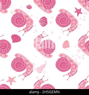 Schnecke rosa, Seebewohner nahtlose Muster, schöner Charakter zwischen Muscheln, Algen, Seesterne, Meerestiere der Tierwelt. Stock Vektor