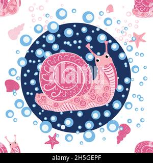 Schnecke rosa, Seebewohner nahtlose Muster, schöner Charakter zwischen Muscheln, Algen, Seesterne, Meerestiere der Tierwelt. Stock Vektor