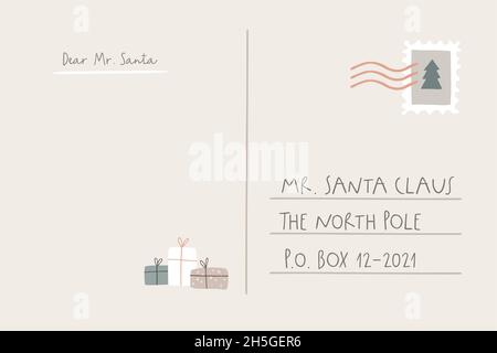 Santas Briefvorlage mit leerem Kopieplatz und Geschenkkartons. Weihnachtswunsch. Von Hand geschriebener Urlaub nach dem Nordpol. Vektorgrafik Stock Vektor