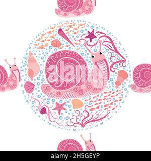 Schnecke rosa, Seebewohner nahtlose Muster, schöner Charakter zwischen Muscheln, Algen, Seesterne, Meerestiere der Tierwelt. Stock Vektor