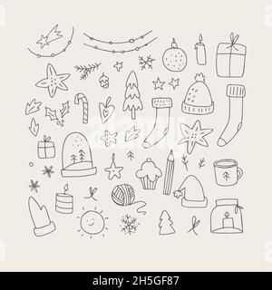 Set von handgezeichneten Weihnachtskritzeln. Santas Socken, Geschenkbox, Kerzen. Winterurlaub Dekorationen, weihnachten Girlanden, Komet, Baum. Isolierter Lebensstil Stock Vektor