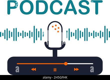 Media-Player-Schnittstelle für Software-App mit Tasten, Ladeanzeige und Mikrofon. Vektordarstellung des Bedienfelds in flacher Ausführung. Podcast-Schriftzug und Radiowellen-Bild Stock Vektor
