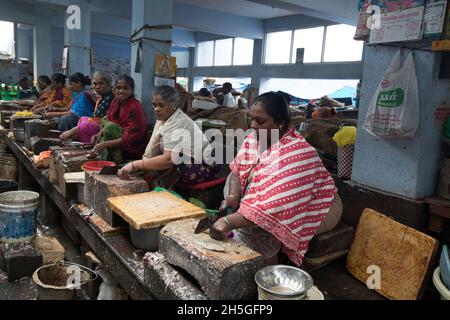 Goubert Market, Frauen, die Fisch für den Verkauf in Puducherry, Indien, vorbereiten; Puducherry, Tamil Nadu, Indien Stockfoto