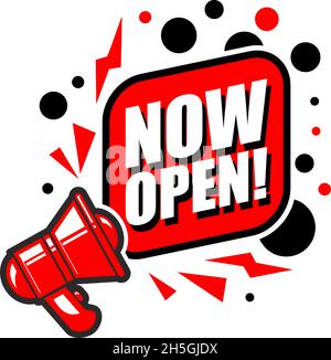 Megaphon mit Sprechblase Jetzt öffnen. Vektor auf transparentem Hintergrund Stock Vektor