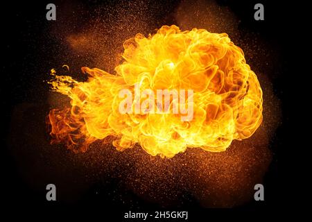 Realistische feurigen Explosion mit Funken und Rauch auf schwarzem Hintergrund Stockfoto