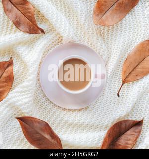 Tasse Kaffee und braune Blätter auf weißem Strickstoff-Hintergrund. Draufsicht Stockfoto