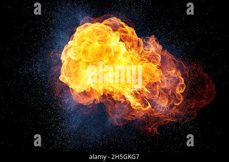 Realistische feurigen Explosion mit Funken und Rauch auf schwarzem Hintergrund Stockfoto
