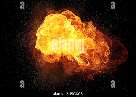 Realistische feurigen Explosion mit Funken und Rauch auf schwarzem Hintergrund Stockfoto