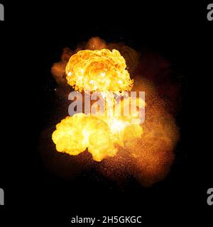 Realistische feurigen Explosion mit Funken und Rauch auf schwarzem Hintergrund Stockfoto